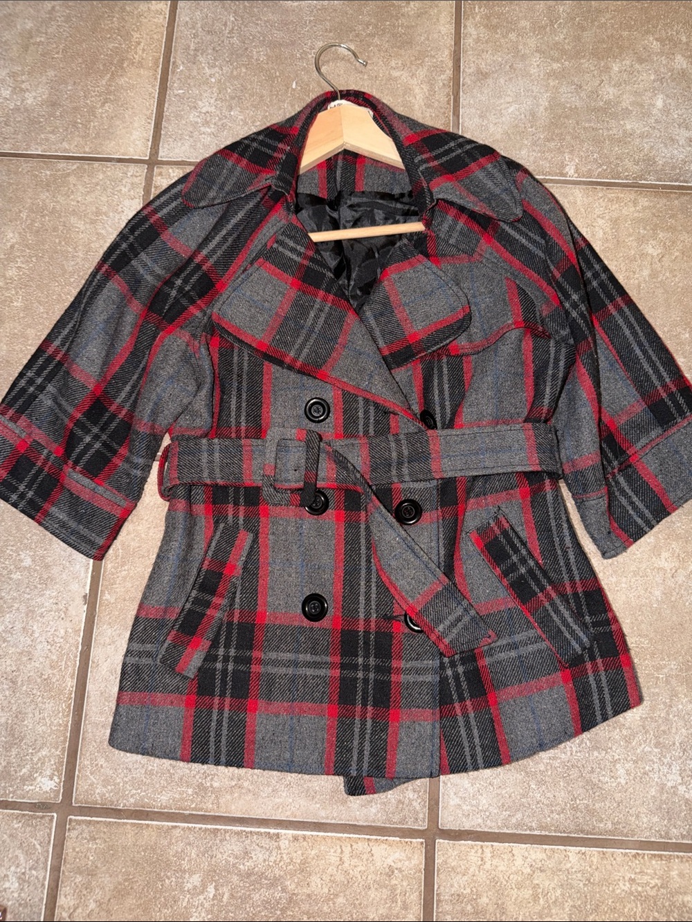 Forever 21 Gray & Red Plaid Double-Breasted Peacoat